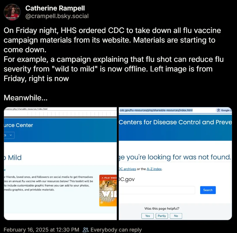 A side-by-side comparison shows a CDC webpage from Friday featuring a flu vaccine campaign graphic with the text 'Wild to…