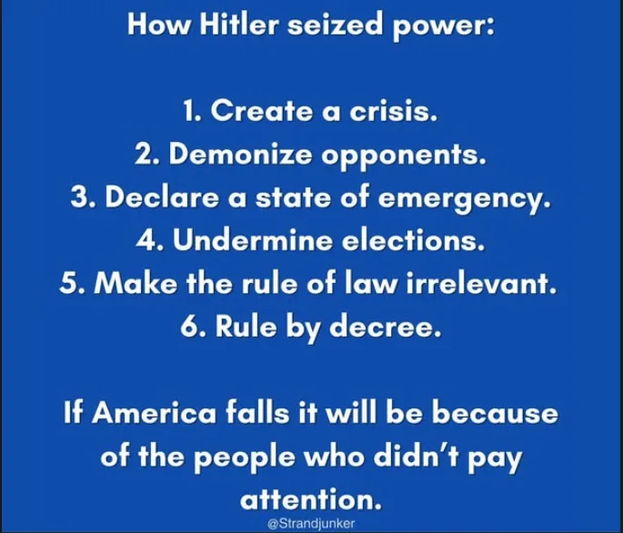 A blue background with white text lists six steps on how Hitler seized power, followed by a warning that if America falls…