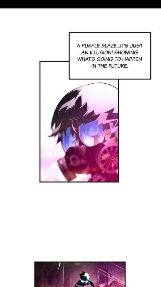 A manga panel shows a character with spiky black hair and glowing blue eyes, wearing a gas mask with a glowing purple…