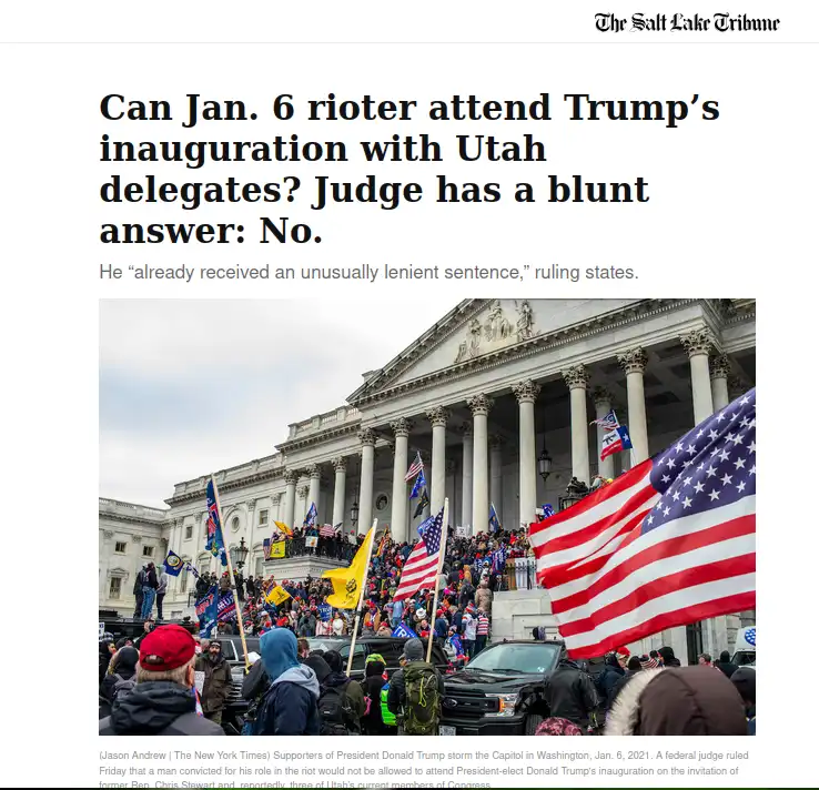 A newspaper article screenshot from The Salt Lake Tribune shows a photo of the U.S. Capitol building overrun by a large…