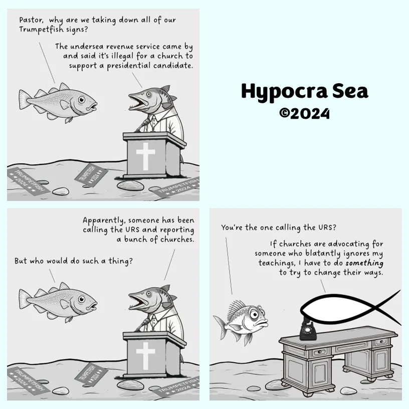A three-panel comic strip featuring anthropomorphic fish in an underwater church setting. In the first panel, a fish pastor…