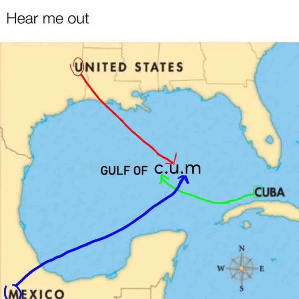 A map of the Gulf of Mexico region with three colored arrows: a red arrow from the United States to the gulf, a green arrow…