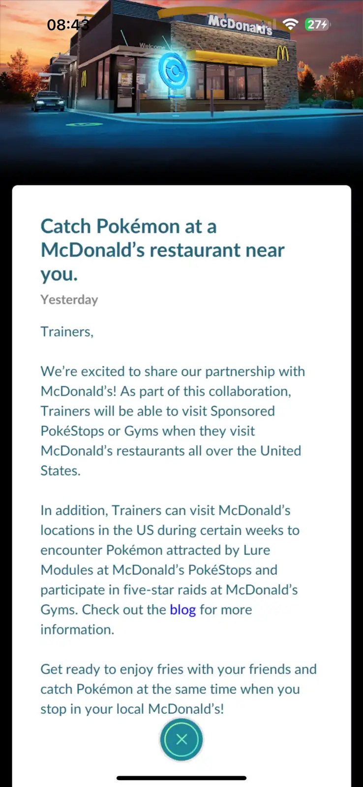 An image of a McDonald's restaurant at dusk with a glowing Poké Ball logo superimposed on the entrance. A notification-style…