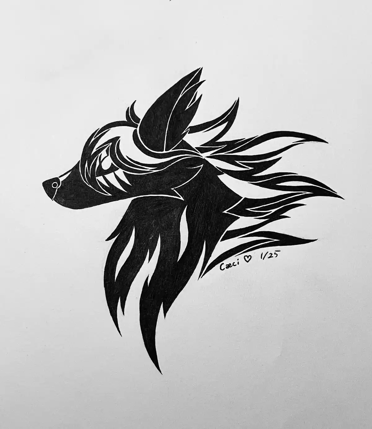 A black and white stylized drawing of a fish, likely a betta, with flowing, flame-like fins and tail, drawn on light gray…