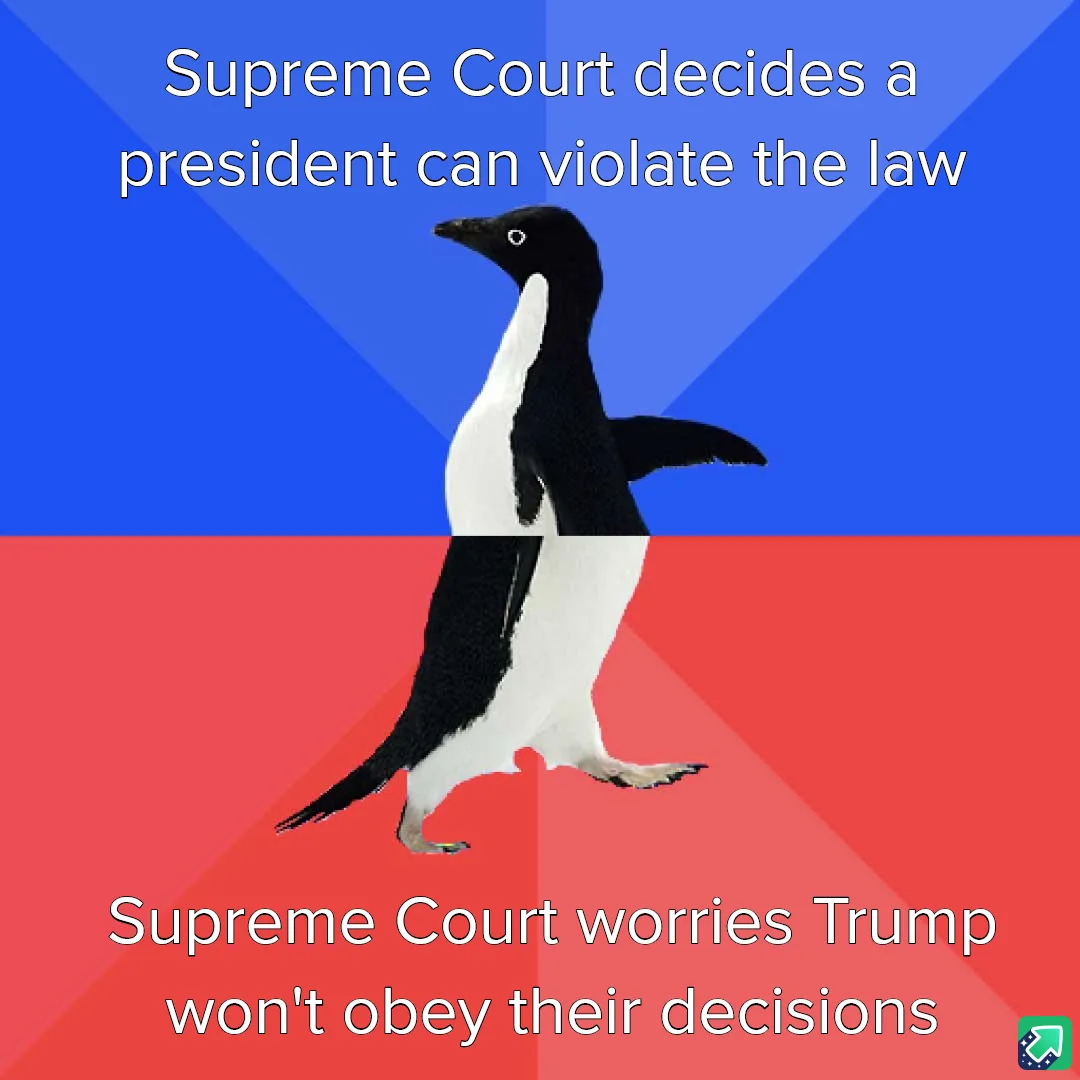 A penguin stands centered against a blue and red background split horizontally. White text at the top reads 'Supreme Court…