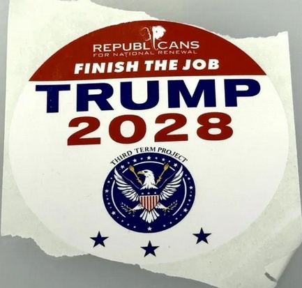 A torn circular political sticker features 'REPUBLICANS FOR NATIONAL RENEWAL' at the top, 'FINISH THE JOB' below it, then…