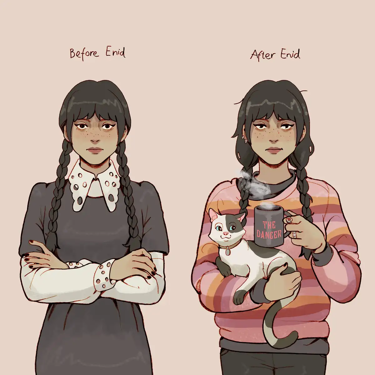 The image shows two side-by-side illustrations of a girl with braided hair. On the left, labeled 'Before Enid', she wears a…