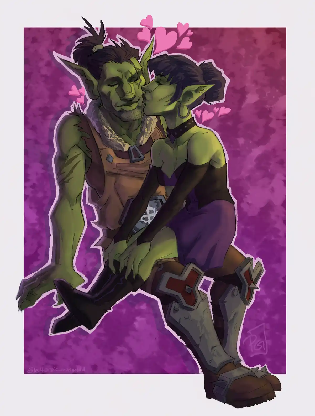 Two green-skinned, pointed-eared orc characters are shown in a romantic pose, kissing each other with closed eyes against a…