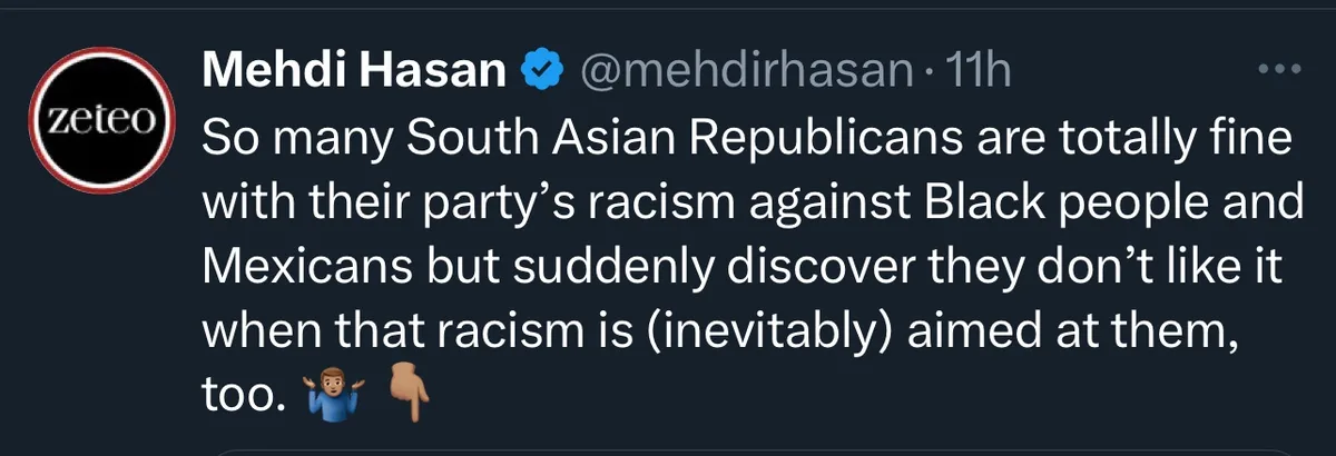 A screenshot of a tweet by Mehdi Hasan with the handle @mehdirhasan, posted 11 hours ago. The tweet text reads: 'So many…