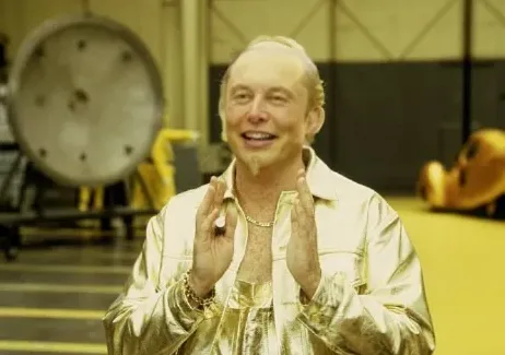 A man with a shaved head and goatee, wearing a shiny gold jacket and gold chains, smiles broadly while clapping his hands…