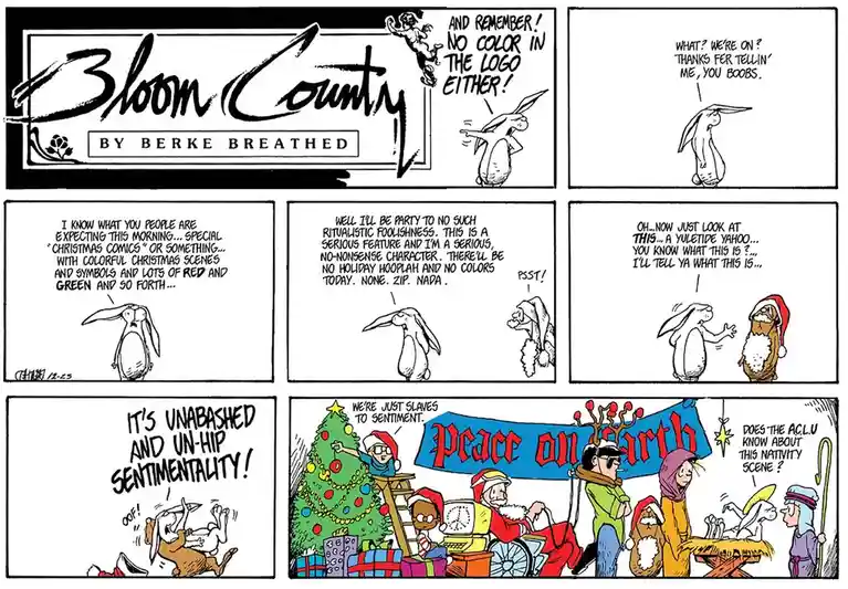 A black-and-white comic strip from 'Bloom County' by Berke Breathed, where the character Opus, a rabbit, insists on a…