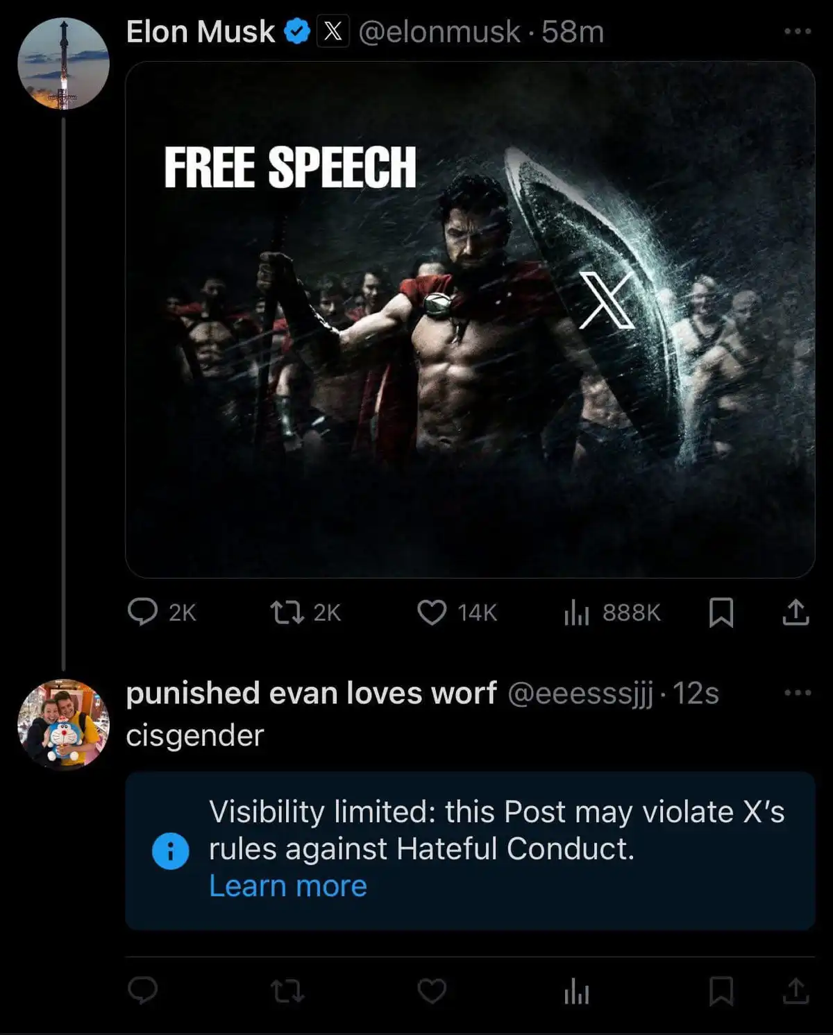 A screenshot of an Elon Musk X post featuring a muscular warrior holding a spear and shield, with the text 'FREE SPEECH'…