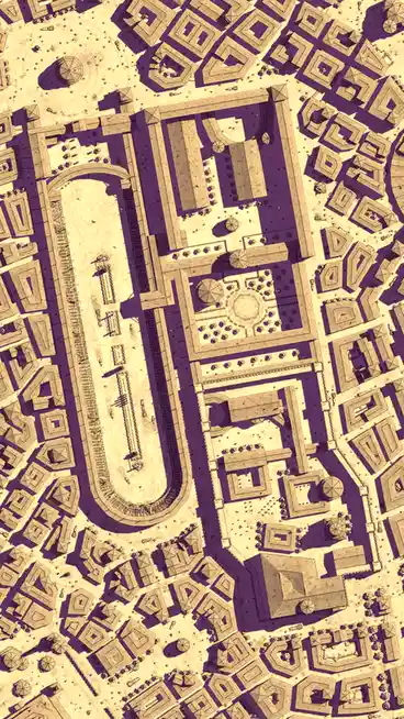a stylized top-down map of an ancient city with beige buildings and purple streets, featuring a large central plaza and a…