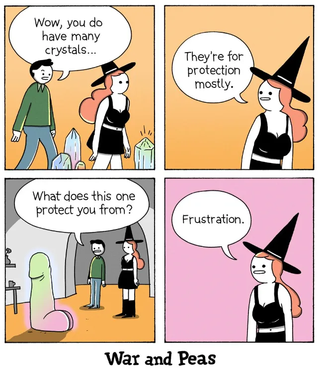 A four-panel comic strip shows a man complimenting a witch on her many crystals. She explains they're for protection, then…