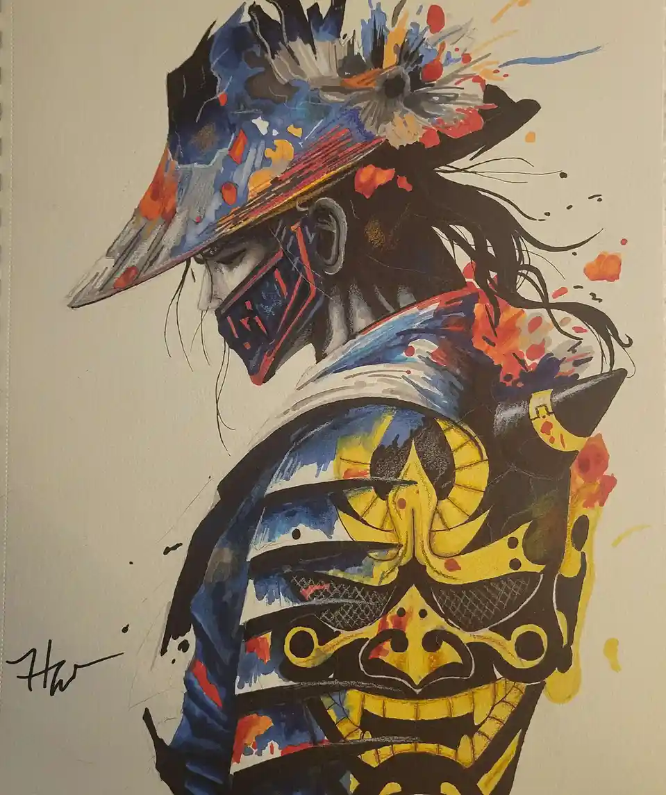 A stylized illustration of a samurai warrior in profile, wearing a colorful, paint-splattered straw hat and a traditional…