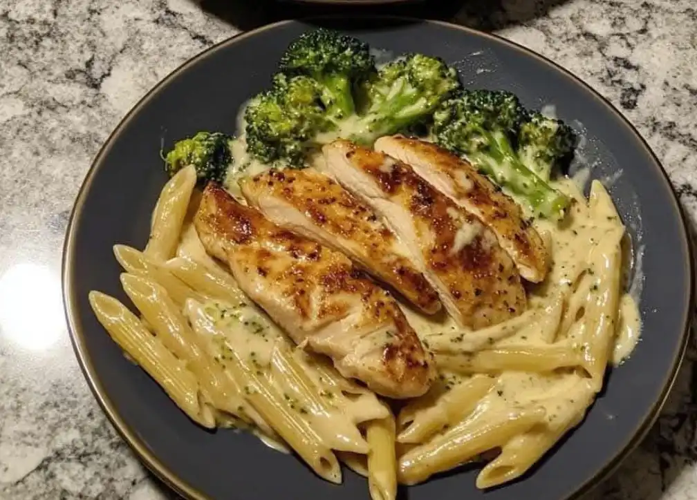 A close-up photo of a plated meal featuring penne pasta in a creamy sauce, sliced grilled chicken breast, and steamed…