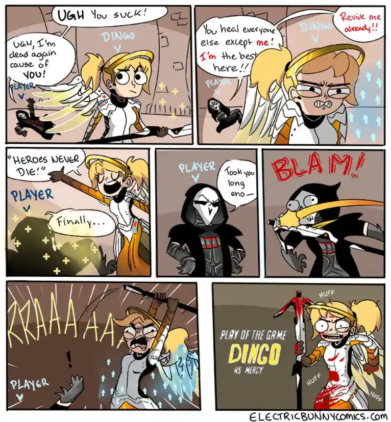 A six-panel comic strip depicts a frustrated player blaming their teammate 'Dingo' for repeatedly dying in a game. Dingo…
