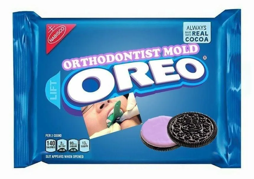 A blue Oreo cookie package is altered to read 'ORTHODONTIST MOLD OREO' instead of 'OREO'. The image shows a dental mold…