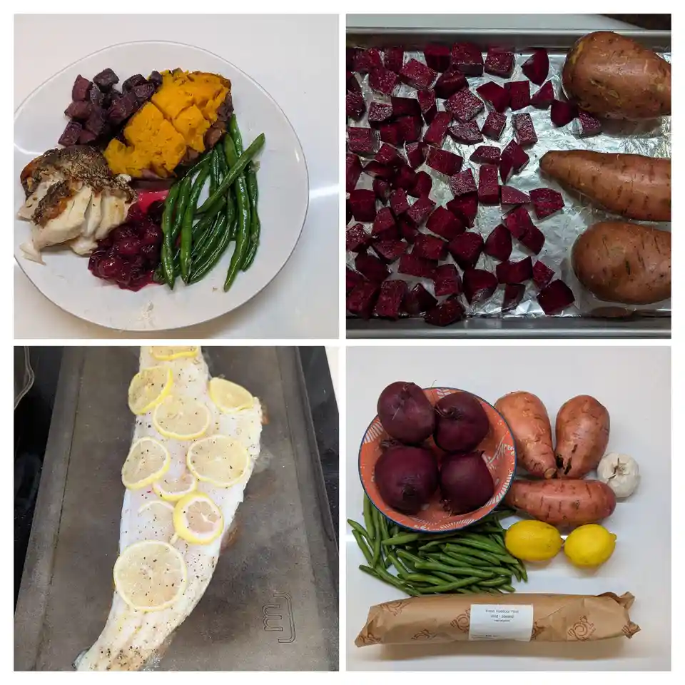 A four-panel collage shows the process of preparing a fish dinner: raw ingredients (beets, sweet potatoes, green beans…