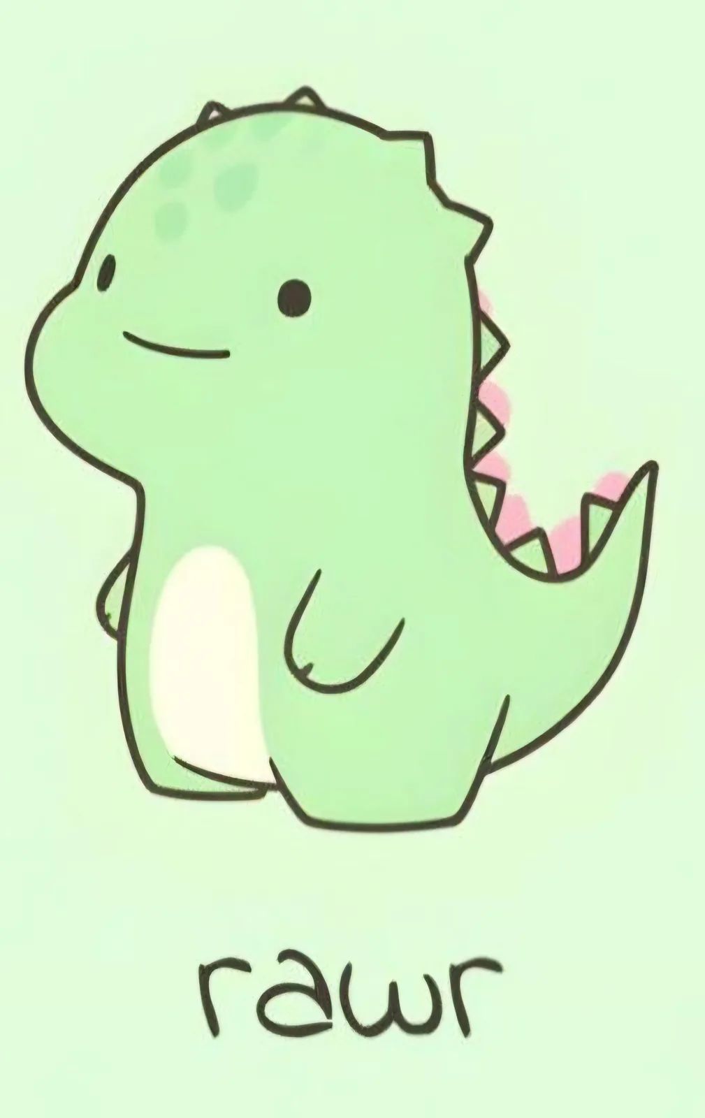 A cute, light green cartoon dinosaur with a simple smiling face, small black eyes, and a pink spiky tail, standing against a…