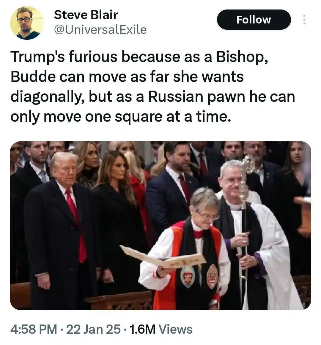 A photo shows Donald Trump and Melania Trump standing in a church service, looking toward a woman in bishop's robes reading…