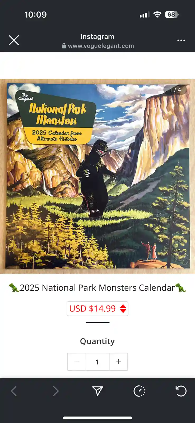 An image of a 2025 'National Park Monsters' calendar cover, depicting a giant Godzilla-like monster standing in a scenic…