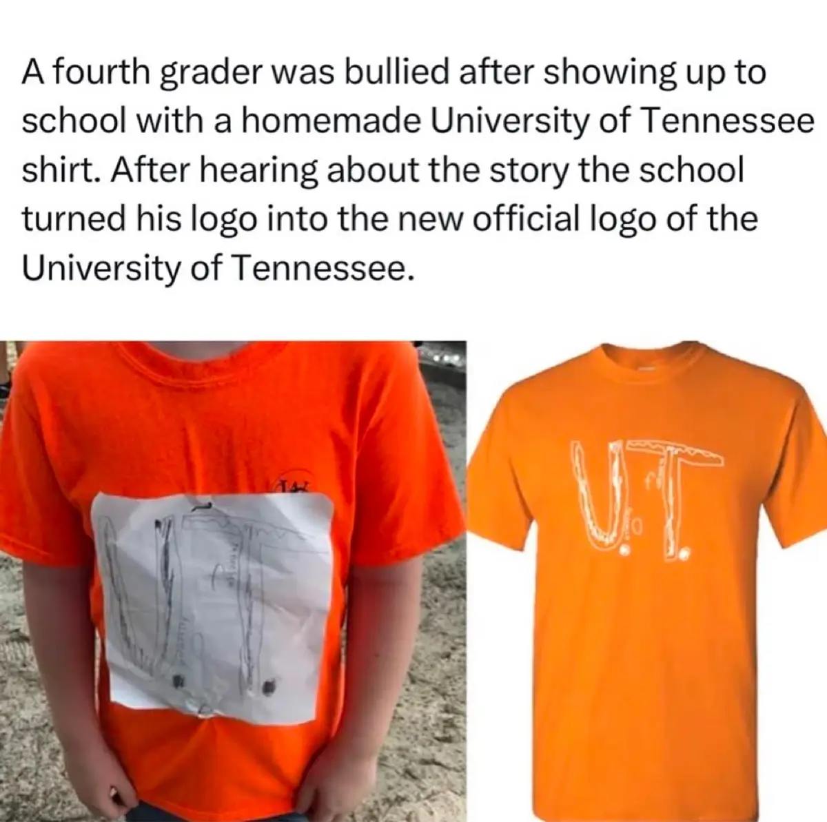 The image shows two orange t-shirts side by side. The left shirt has a child's crude, hand-drawn logo on a piece of paper…