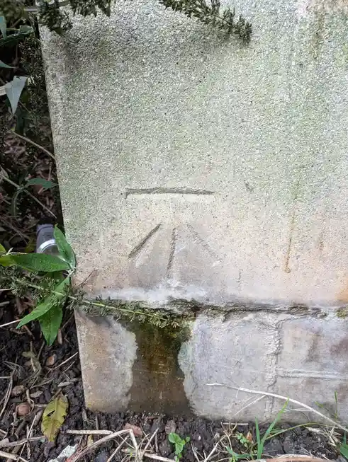 A close-up of a weathered concrete slab, possibly a grave marker, with a crude, hand-carved symbol resembling a stylized 'N'…