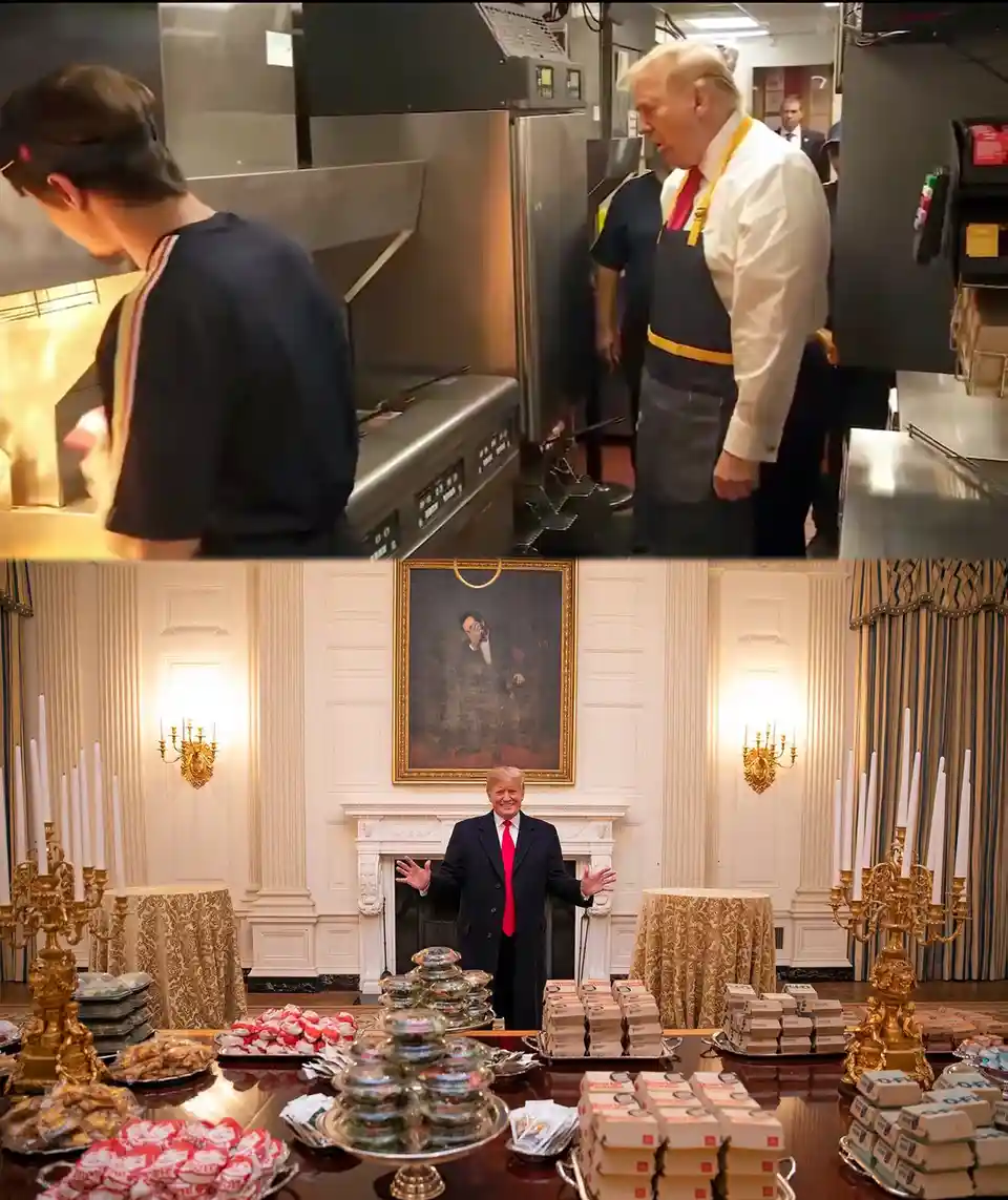 The top panel shows Donald Trump in a kitchen wearing an apron, looking at a chef. The bottom panel shows Trump in a formal…