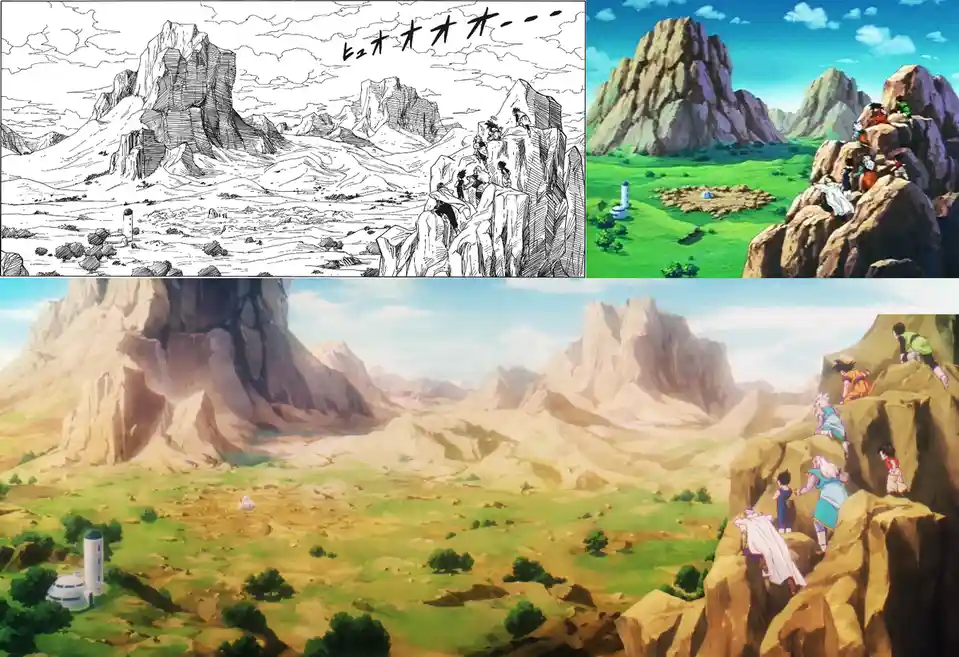 The image displays three panels showing the same anime scene at different stages of production: a black-and-white manga…
