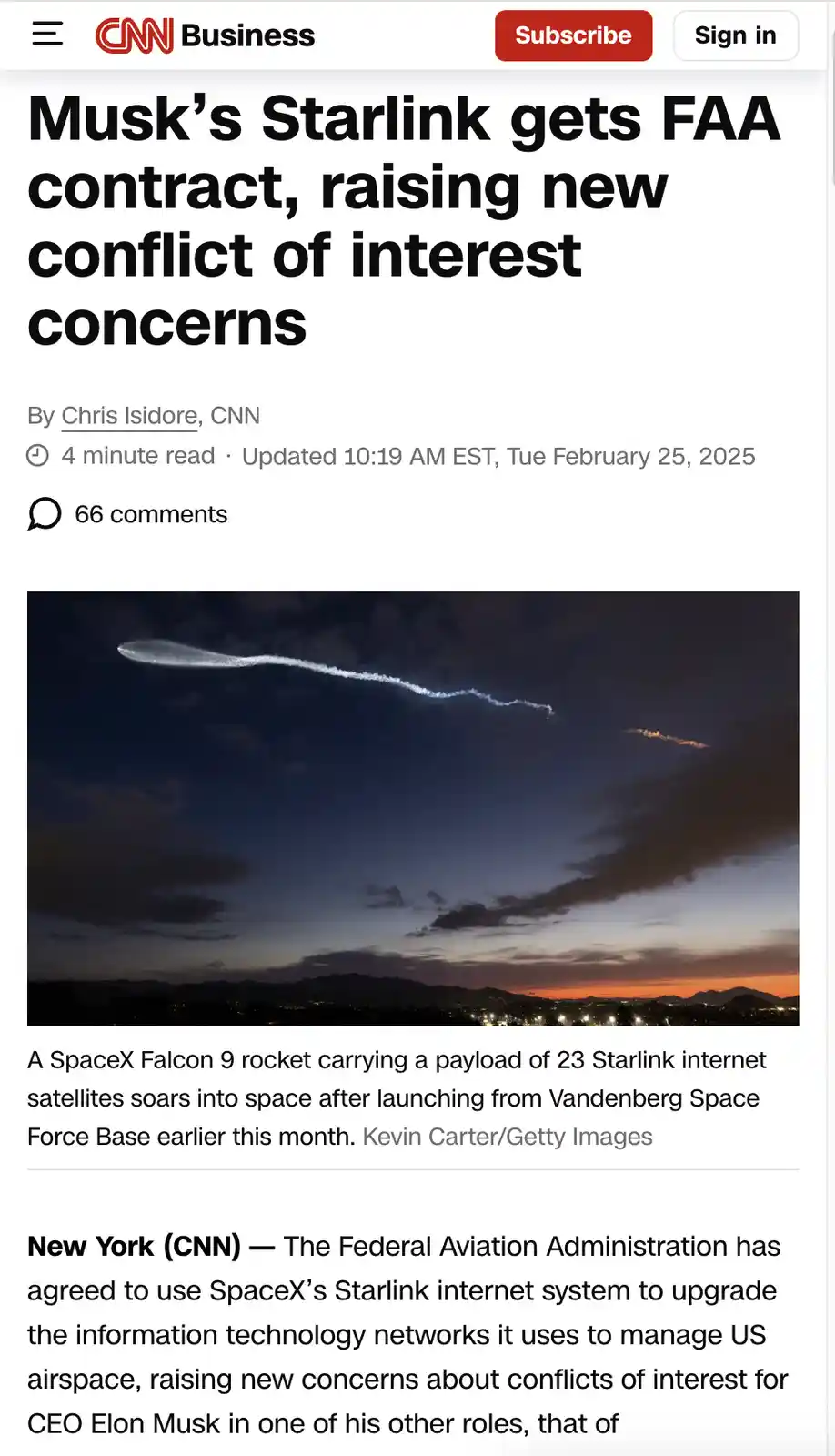 A screenshot of a CNN Business article headline about Starlink receiving an FAA contract, overlaid with the text 'Musk's…
