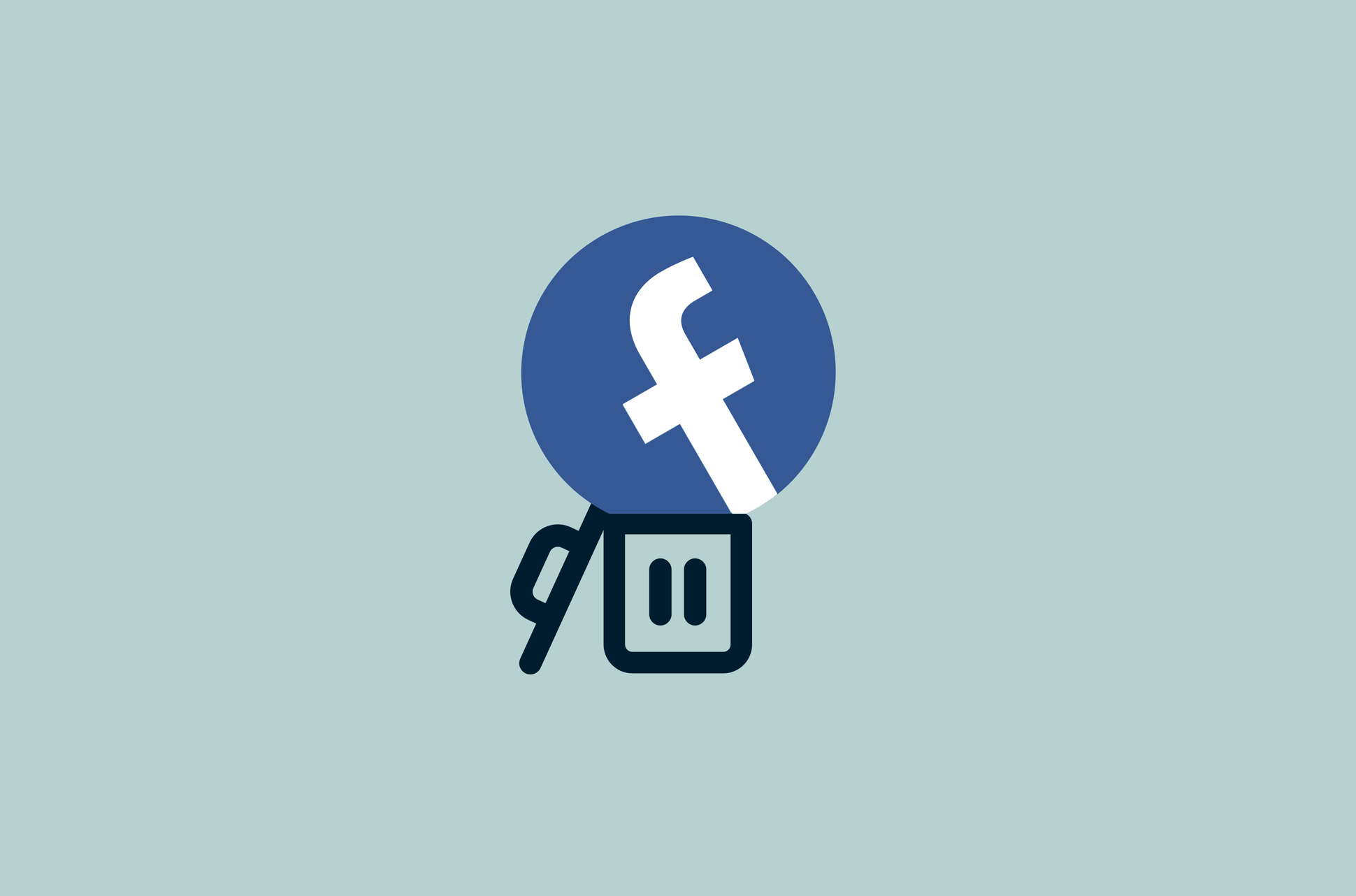 The image shows a stylized Facebook logo, depicted as a fuel pump nozzle inserted into a gas tank. The Facebook 'f' icon is…