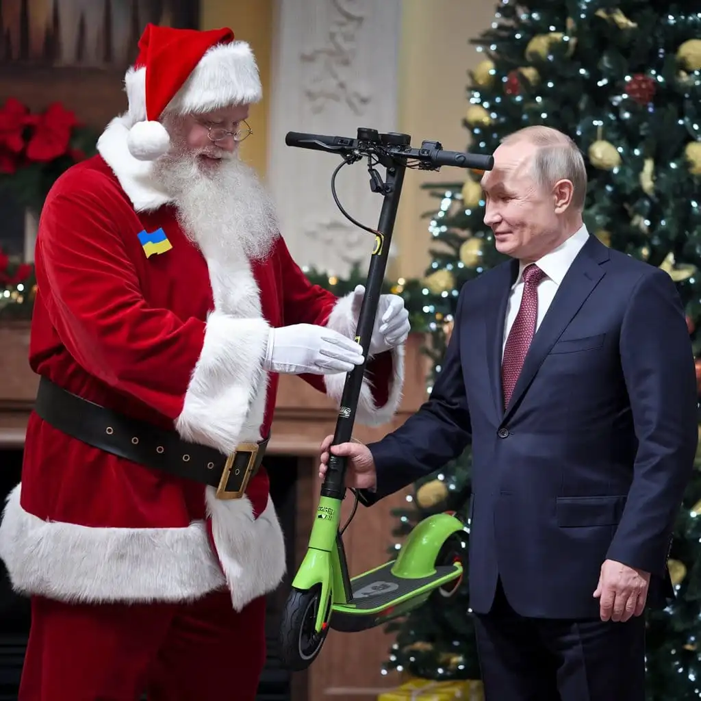 Santa Claus, wearing a red suit with a Ukrainian flag pin, presents a green electric scooter to Vladimir Putin, who is…