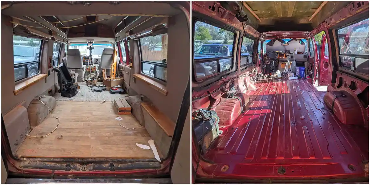 The image shows a side-by-side comparison of a van's interior during a renovation. The left panel displays the van with wood…
