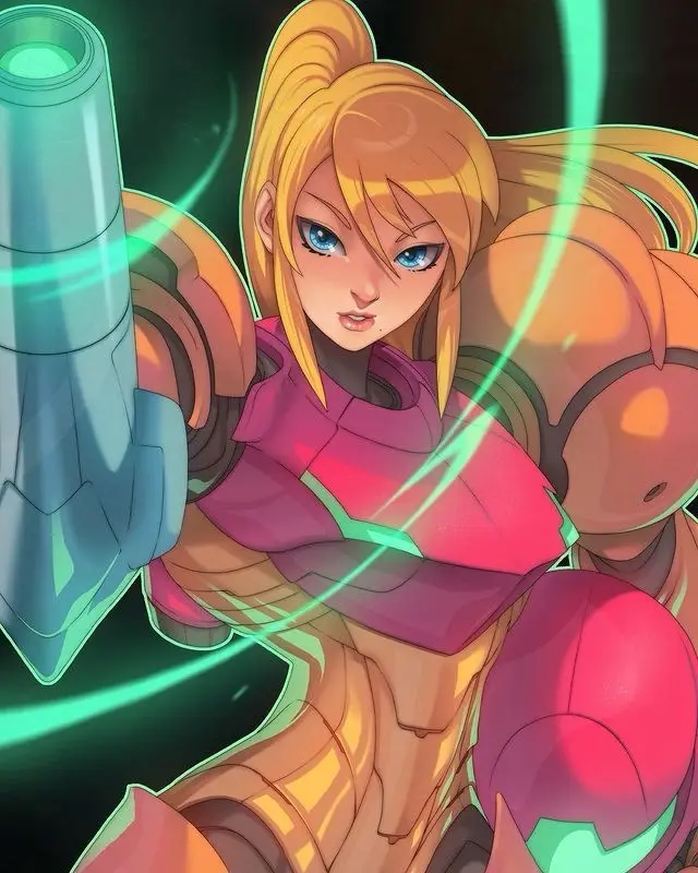 A female video game character with blonde hair and blue eyes, wearing orange and pink armor, holds a glowing green weapon…