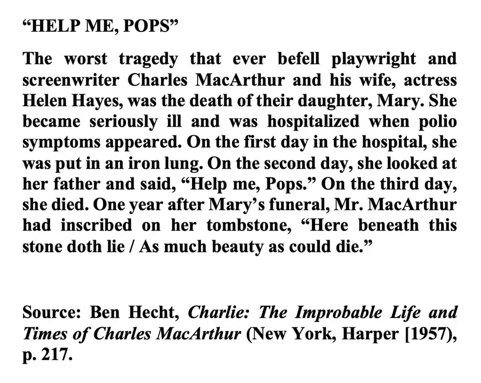 A black-and-white text image recounts the tragic story of playwright Charles MacArthur and actress Helen Hayes' daughter…