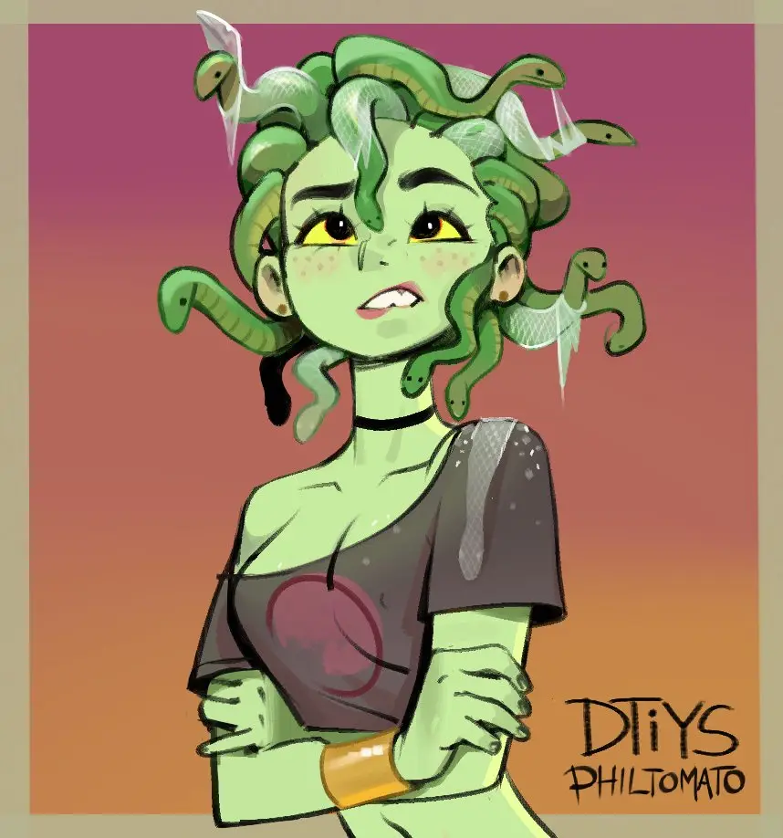 A cartoon-style illustration of a green-skinned woman with multiple snakes growing from her head, wearing a dark t-shirt and…