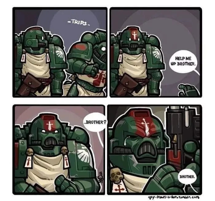 A four-panel comic strip depicts two armored space marines. In the first panel, one marine trips over the other. In the…