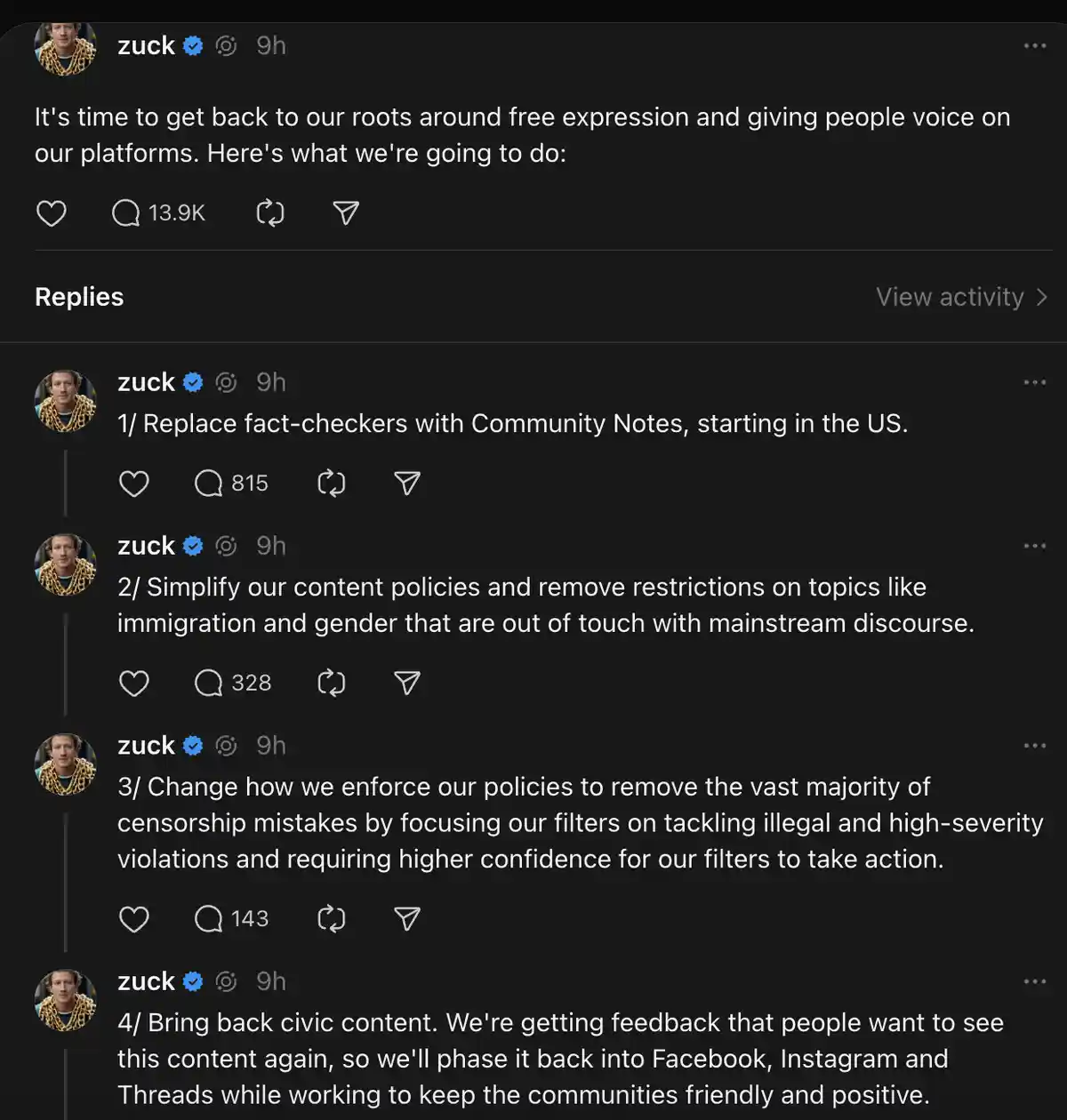 A screenshot of a social media post by 'zuck' (Mark Zuckerberg) showing a series of replies outlining platform policy…