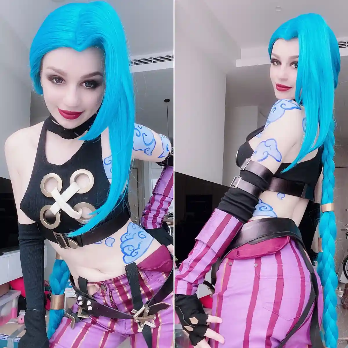 A split-screen image shows a person in a detailed cosplay of the character Jinx from League of Legends, featuring bright…