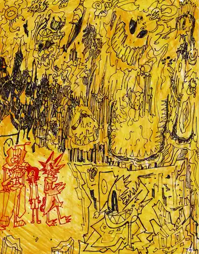 A hand-drawn, chaotic yellow-and-black illustration depicts a surreal, monstrous landscape with jagged spires and floating…