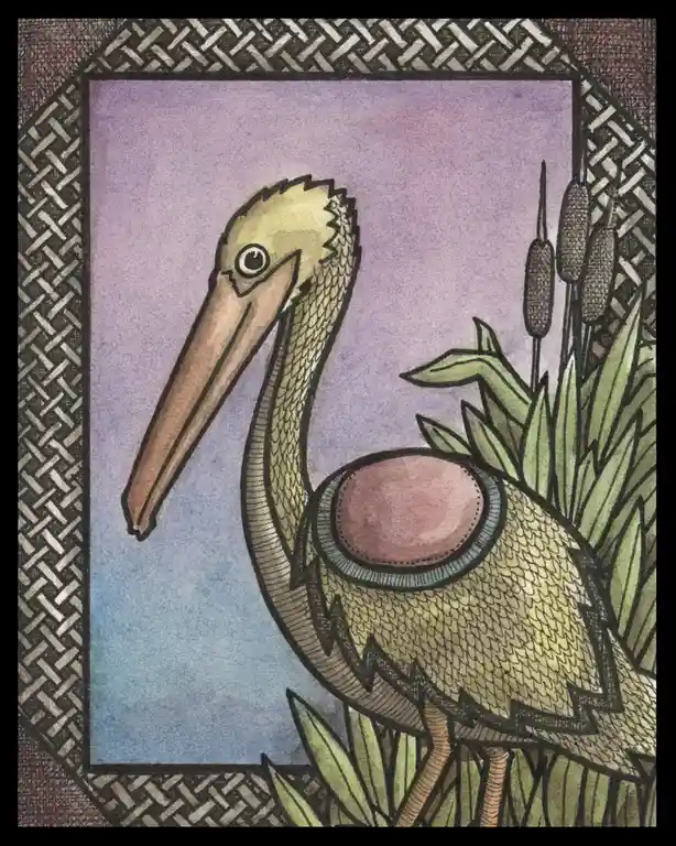 A stylized illustration of a bird, resembling a stork or pelican, with a large, round, pink belly button prominently…