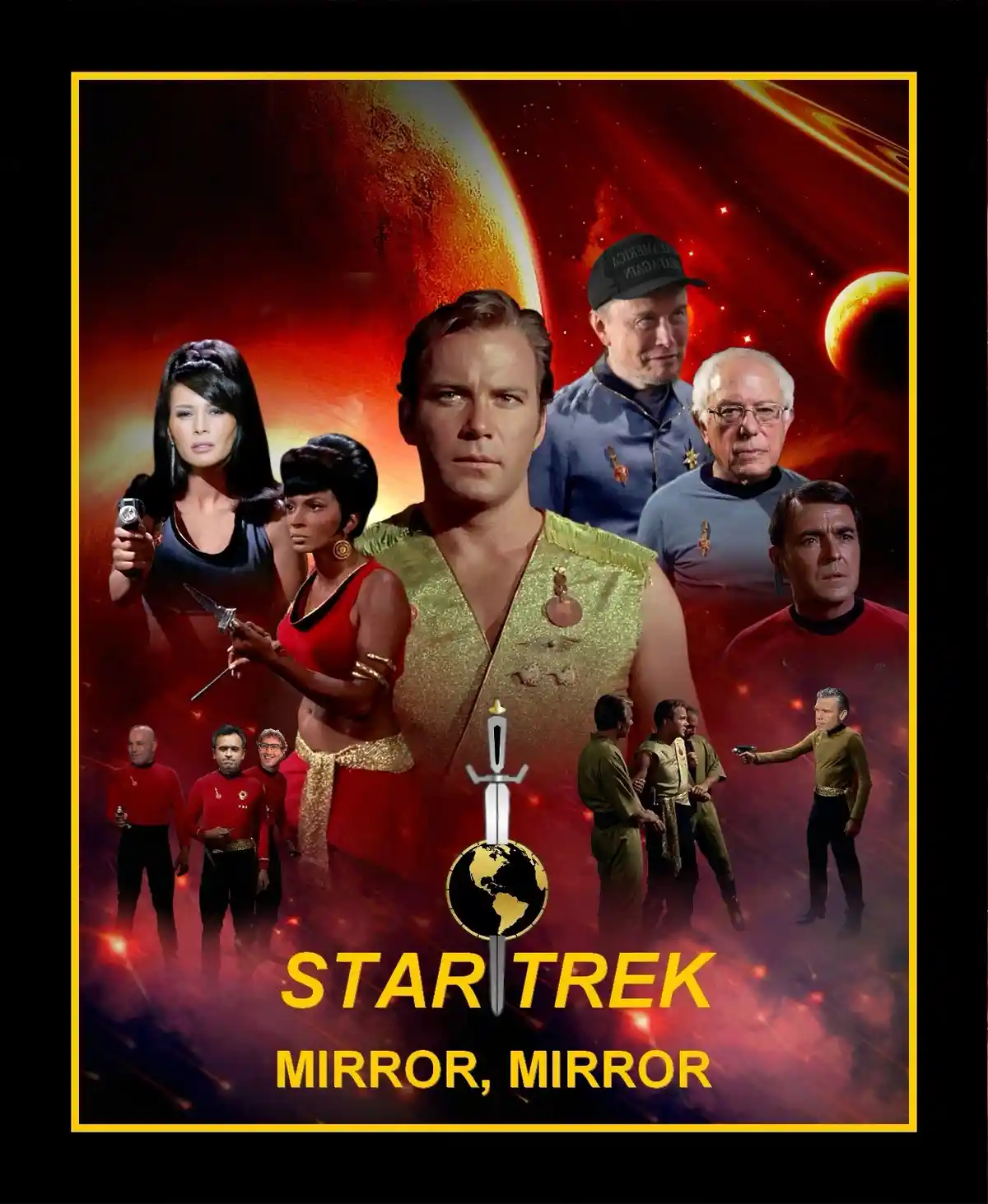 A digitally altered Star Trek poster features the original cast in their iconic uniforms, but with modern political figures…