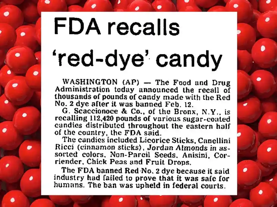 An image shows a white text box overlaid on a background of red, round, sugar-coated candies. The text mimics a newspaper…