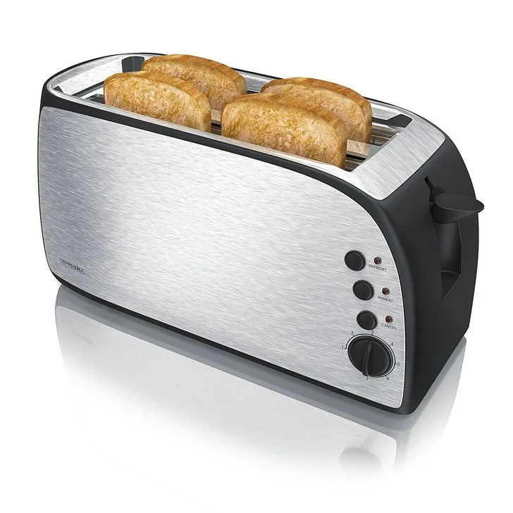 A modern silver and black toaster with four slices of golden-brown toast popping up from the slots. The toaster has control…
