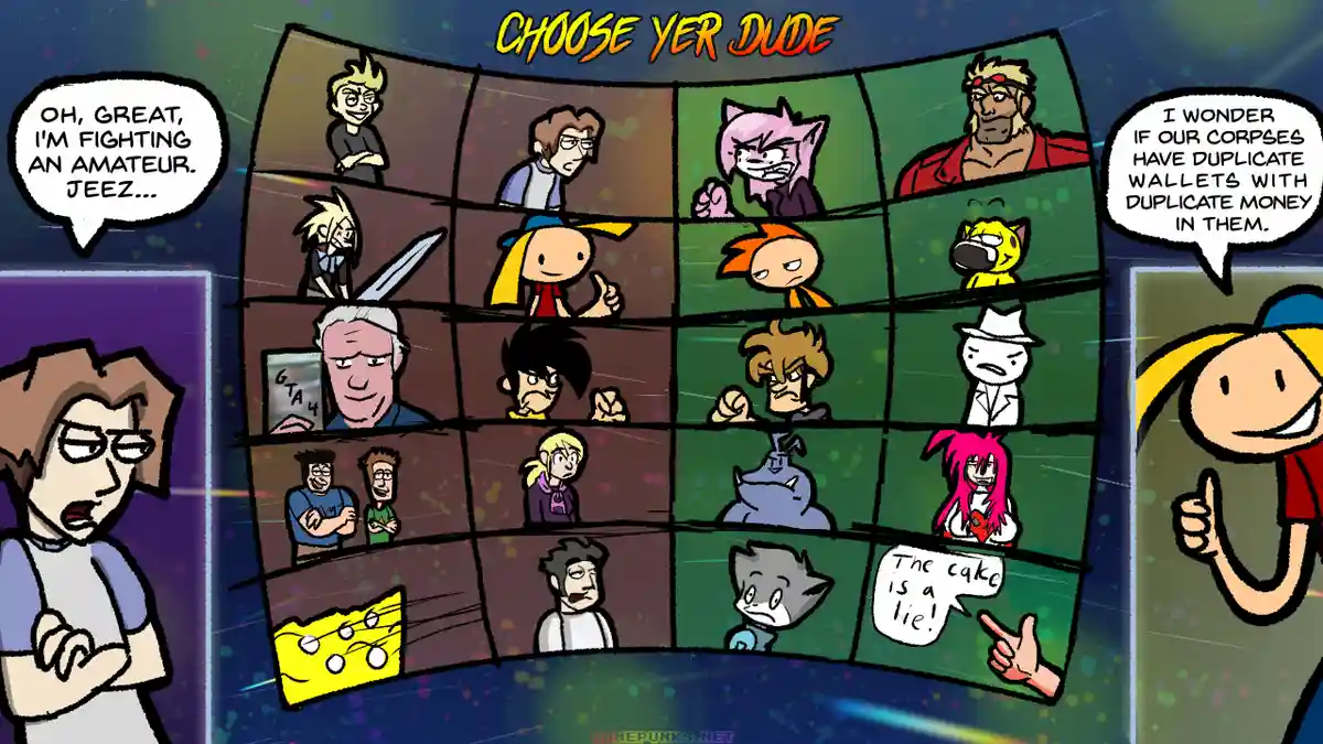 A comic panel titled 'CHOOSE YER DUDE' shows a grid of 16 cartoon characters, including recognizable figures like the…