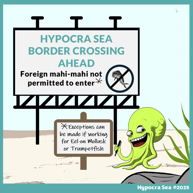 A cartoonish green octopus with a wide grin holds a pen next to a roadside sign that reads 'HYPOCRA SEA BORDER CROSSING…
