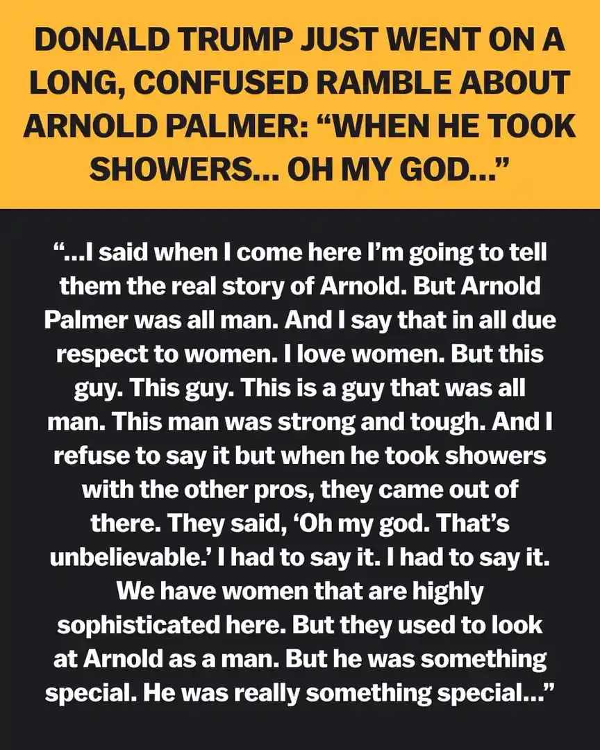 The image displays a two-part text layout. The top section has a yellow background with black text stating 'DONALD TRUMP…