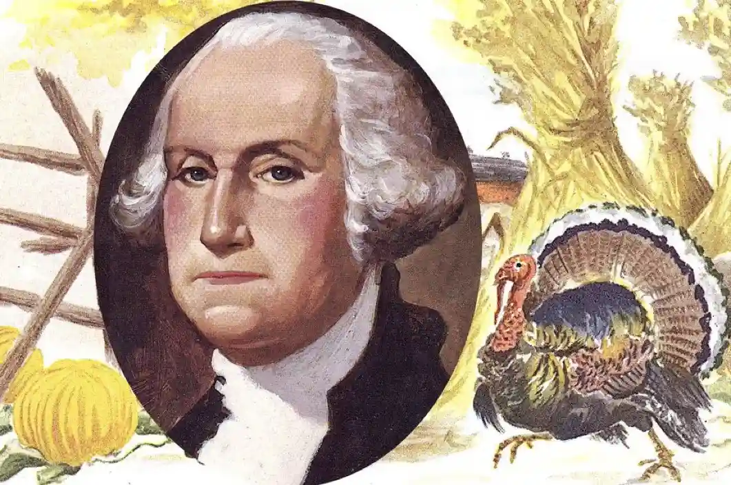 A vintage-style illustration shows a portrait of George Washington alongside a turkey, pumpkins, and hay bales, with the…