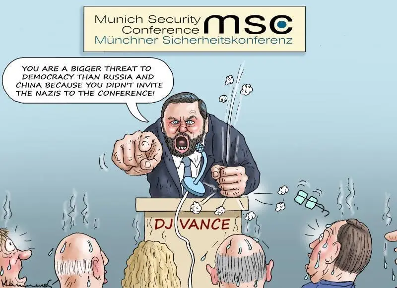 A cartoon depicts a man in a suit angrily shouting into a microphone at a podium labeled 'DJ VANCE' at the Munich Security…